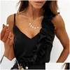 Women'S Blouses & Shirts Womens Women Y V Neck Ruffle Blouse 2022 Summer Backless Spaghetti Strap Casual Tops Elegant Sleeveless Offi Dhrag