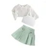 Clothing Sets Summer Baby Girls Long Sleeve Hollow Tops Solid Color Vest Pleated Skirt 3Pcs Suit Children Fashion Kids Outfits