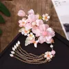 Hårklämmor Antik Pink Glass Peach Blossom Tassel Clip Earrings Set Kinesiska tillbehör för vuxna och barn
