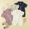 Lioraitiin Infant Girls Boys Romper Pajama Lapel Neck Short Sleeve Contrast Trim Button Down Waffle Jumpsuit Sleepwear Clothes 240418