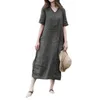 Womens Fashion Casual Solid Color V Neck Short Sleeve Lace Up Cotton And Linen Dress