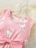 Flickans klänningar Little Rabbit Print med Pink Bow Cute and Fashionable Baby Girl Casual Dress D240425