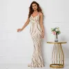 Runway Dresses YIDINGZS Women Strap Party Maxi Dress Sexy V Neck Evening Dress Gold Sequin Dress Long Prom Dress 16002 Y240426