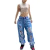 Women's Jeans Y2k Ripped Mid Waist Solid Wide-Leg Pant Thin Denim Hole Trousers Baggy Cargo All-Season For Girls S-XL