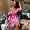 Lässige Kleider 2024 rosa Kleid elegante Frauen-Schulter-Röhren-Schnüre-Schnüre-Schnür-A-Line Rock Taille kontrollierte Schlampe Long Sleeve
