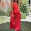 Kvinnors tvåbitar byxor Sommarmode Lossa tvåstycken Set Women Casual Solid Slveless Ruffled Top Wide Leg Pants Two Piece Set Women Y240426