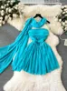 Lässige Kleider Frauen Chic Elegant Party Sommer sexy von der Schulter A-Linie Kurzkleid Vintage High Taille Chiffon mit Schal