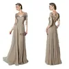 In pizzo di champagne Vedi attraverso maniche lunghe APPLICI NEI MACCHI SIGULI ASSEGGIO Abito da sera Lunghezza Chiffon Groom Mother Party Gowns Prom