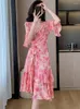 Parti Elbiseleri Kadınlar Boho Baskı Örgü Günlük Festival Uzun Elbise Yaz Zarif Şık Fırlatılmış Bandage 2024 Kore Vintage Lüks Balo