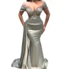 Sier Aso Evening Uit Ebi Gray Mermaid -jurken Schouder Detachable Peplum Women Formele OCN Wear Koer Appliques kralen Satin Prom Party Jurken Receptie Jurken