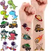 Tattoo -overdracht 50 PCS 3D Cartoon Tijdelijke tatoeages voor kinderen Volwassenen Party Fake Tattoo Dinosaur Space Pirate Construction Car Flash Tatoos Small 240427