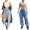 Women's Jeans Y2k Ripped Mid Waist Solid Wide-Leg Pant Thin Denim Hole Trousers Baggy Cargo All-Season For Girls S-XL