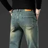 Jeans masculinos menses retro elásticos jeans reta outono/inverno novo retro amarelo lama tingida de jeansl2404