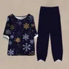 Women's Two Piece Pants New Fashion Women 2 Pieces Sets Christmas Snowflake Printed Shirts Top Casual Pants Suits Womens Outfits Loose Tops T-shirt Y240426