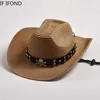 Breda gräl hattar hink hattar mode skalle dekor västerländsk cowboy hatt naturlig papper stråhatt för män sommar strand sol hatt curling brim livräddare hattar y240425