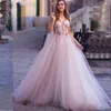 3D Flowers Appliques Lace Tulle Princess Wedding Dress A Line Plunging V Neck Illusion Pink Turkey Wedding Bride Gowns With Wrap BC18715