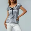 Koszulki kobiet żeńskie Topy Plaid Lace Trim U-drock krótkie t-shirt w bliskiej bluzce na letnią S/M/L