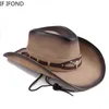 Breda brimhattar hink hattar klassiska % läder västerländsk cowboy hatt för män gentleman pappa gudfader kepsar panama cowgirl jazz hattar sombrero hombre y240425