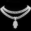 Stands brillant Crystal Hamsa Evil Hand Pendant Zircon Collier adapté aux femmes Collier de chaîne cubaine glacée