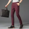 Brand Mens Striped Casual Pants Spring Comfortable Elastic Business Slim Straight British Fashion Trousers Black Khaki Wine Red 240425