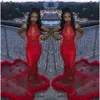인어 무도회 드레스 LONG RED 2019 KEYHOLE TULLE LACE APPLIQUE FETHOW SWEEP 열차 공식 파티 이브닝 ​​가운