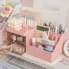 Desktop Transparent Cosmetics Storage Box Organizer com gavetas Pen Holder Stationary Rack para mesas de escritório 240415