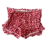 Damskie szorty vintage czerwona kraciasty elastyczna talia szczupły potarte kwitnące spodnie kobiety Kawaii Bottom Beach Pajamas Night Club Streetwear