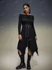 Casual Dresses ROSEGAL Plus Size Gothic Asymmetric Hooded With Floral Lace Chain Belt Women Black Handkerchief Ruched Dress Vestidos