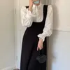 Casual Dresses Korejpaa Stand Collar Puff Sleeve White Shirt Strapless BodyCon Black Dress Office Lady Spring Women Clothing