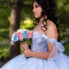 Lichtblauwe illusie linten baljurk quinceanera jurkt van de schouder bloemen appliques kanten korset vestidos de 15 anos