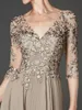 Champagne Lace See Through Long Sleeve Sheer prom dress Neck Appliques Sequins Evening Dress Floor Length Chiffon Groom Mother Party Gowns YD