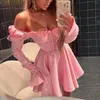 Casual Dresses 2024 Pink Dress Elegant Women's Off-Shoulder Tube Top Lace-up A- Line Skirt Waist-Controlled Slimming Long Sleeve