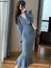 Casual Dresses France Elegant Blue Knitted Mermaid Women Vintage V-neck Warm Bodycon Evening Robe Korean Winter Chic Jumper