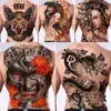 Tattoo overdracht Volledig rug grote tijdelijke tattoo sticker heren Lion King Snake Dragon Ganesha Tiger Body Woman waterdichte nep tattoo art 240427