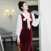 Casual Dresses Elegant Women Outfits Two-Piece Set Bourgogne Red Velvet Fishtail Dress Bow-Tie White Princess Tops Retro Bottoming Suit