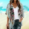 Camisa da praia feminina estampa de flor curta de manga curta