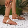 2024 Kvinnor S Flat Sandals Pu Leather Open Toe Ladies Beach Shoes Summer Sexiga tofflor Sandaler Buckle Strap Flip Womens Sandaler 240415