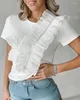 Women's T Shirts 2024 Summer Fashion Sheer Mesh Patch Ruffle Hem Casual Round Neck Plain Short Sleeve Daily T-Shirt Top