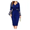 Casual Dresses Polyester Spandex Blend Dress Large Size Elegant Mesh Patchwork V Neck Party With Flared Sleeves Slim For Women's