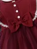 Sukienki dziewczyny 3-24 miesiące nowonarodzona dziewczynka urodziny Księżniczka Ruffle długi rękaw Tutu koronkowy czerwony sukienka maluch dziewczyna odzież mody D240425
