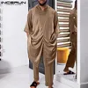 Men Muslim Sets Satin Solid Color Islamic Arabic V Neck Half Sleeve Kaftan Jubba Thobe Pants 2PCS Men Suits S-5XL INCERUN 240425