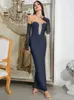 Casual Dresses Sexig mörkblå mesh långärmad axelbandslös bandage elegant sliver paljett Bodycon Celebrity Evening Party Maxi Dress