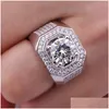 Wedding Rings 2021 Sparkling Male Fashin Jewelry 925 Sterling Sier Fl Pave White Sapphire Cz Diamond Gemstones Large Party Promise M Dhxsd