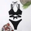 Frauen Badebadeanzüge Spaghetti -Gurt Criss Cross Bikini Rippen Badeanzug