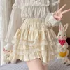 Saias Bonito Lolita Fuzzy Saia Adolescente Meninas De Pelúcia Mini Kawaii Lace Tiered Ruffle Cintura Alta Skort Fluffy Plissado