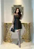 Casual Dresses French Patchwork Mesh Dress Turtleneck High Waist A-line Slim Solid Knee-length Black Autumn And Winter Short