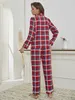 Women's Sleepwear Womens Pajamas Set Long Slve Notched Collar Top Plaid Pants Autumn 2 Pieces Slpwear Female Nightwear Loungerwear Clothes Y240426