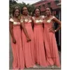 NEW Glittering Coral Sequined Bridesmaid Dresses Cheap Long Chiffon Empire Beach Off the Shoulder with Sleeves Party Prom Evening Dress 2024