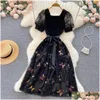 Basic Casual Dresses New Summer Floral Print Slim Short Lady Dress A Line Square Collar Chiffon Puff Sleeve Plover Women 2023 Drop Del Dhi6M