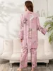 Kvinnors sömnkläder plus storlek S-6XL Womens Pyjama Set Cotton Thr-Piece Löst passform med blommigt tryck Löst hemkläder Pyjamas för kvinnor Y240426